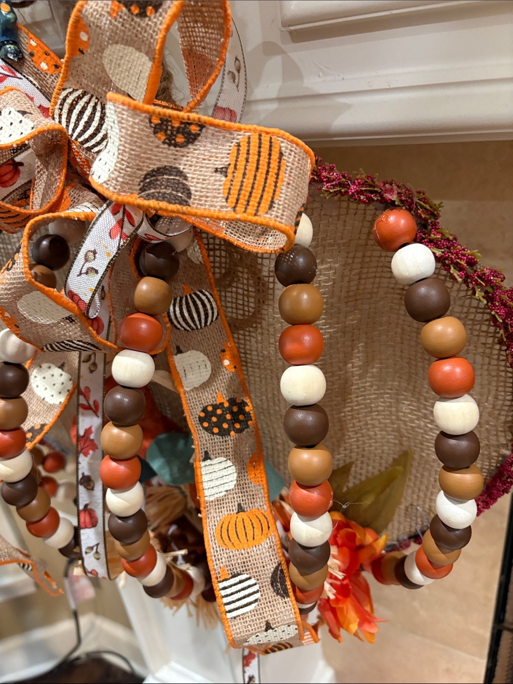 Autumn Beaded Pumpkin Wreath - Orange, Brown & Cream - Picture 3 of 3